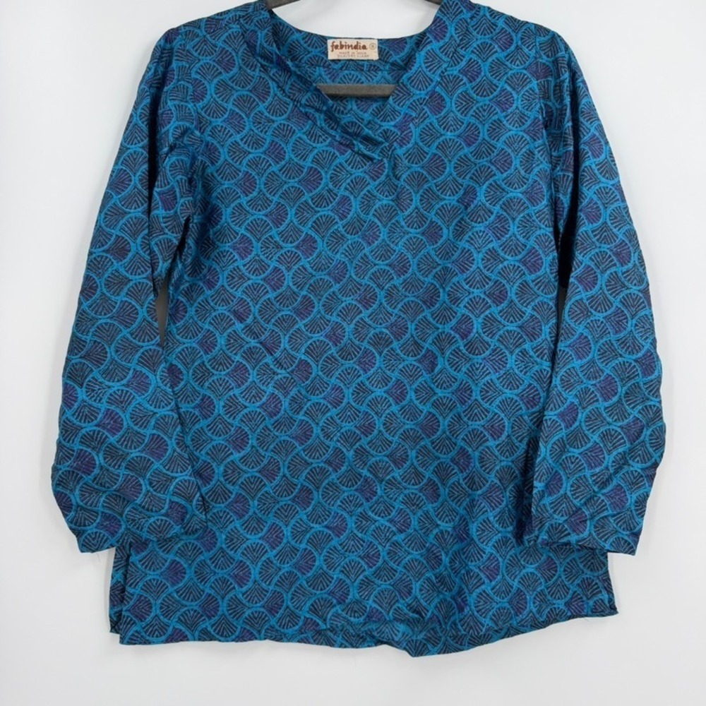 Fabindia Women Blue Silk Tunic Top S Geometric Boho Indian Art Deco